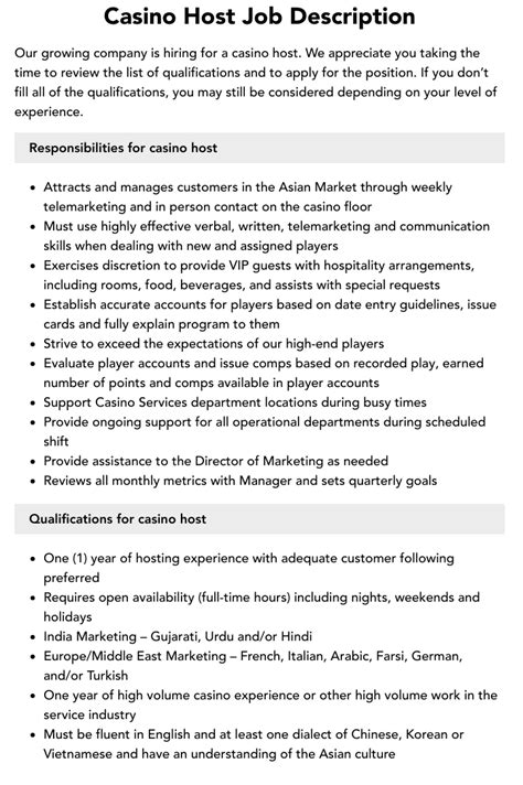 JOB DESCRIPTION FOR: EXECUTIVE CASINO HOST .